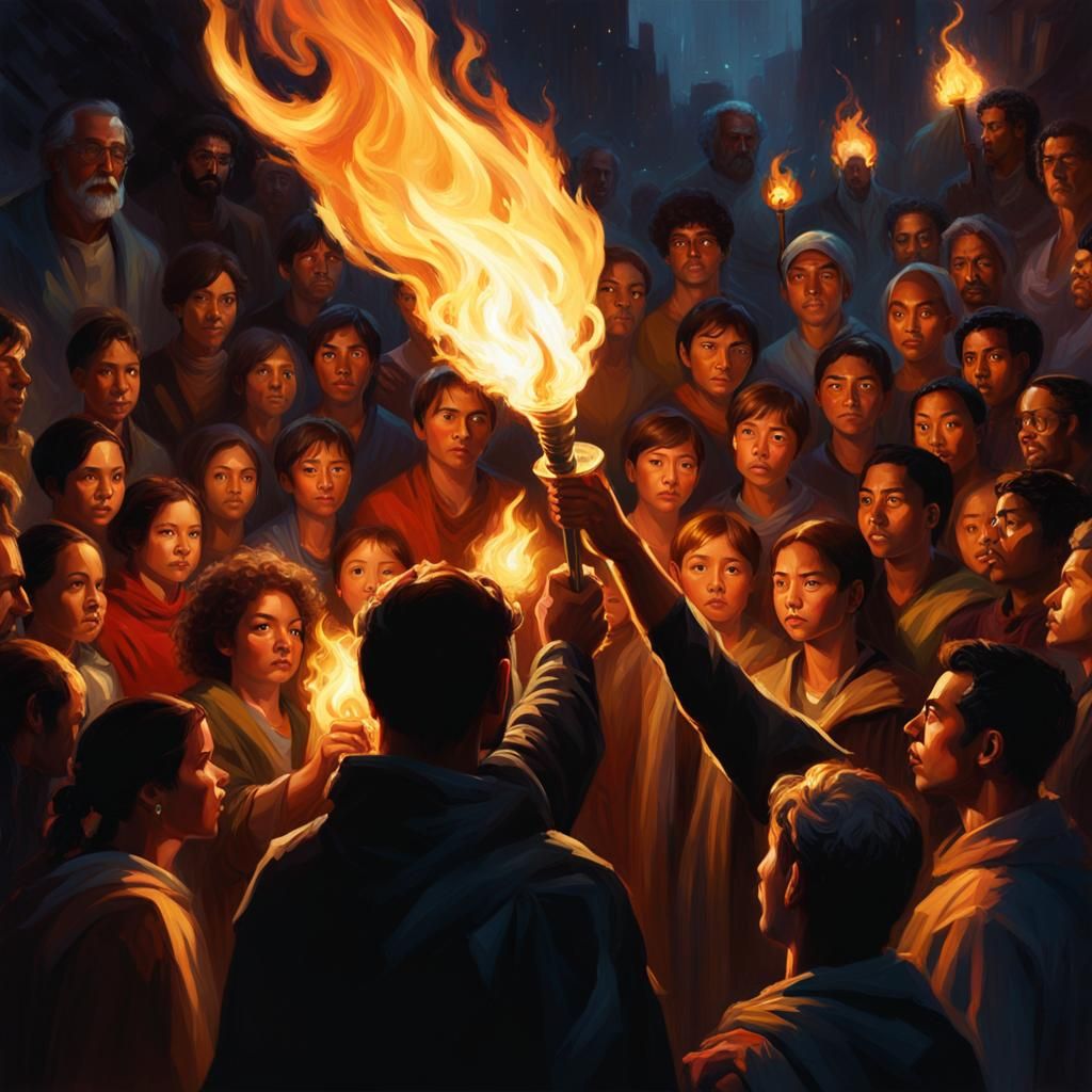 People Gathered Around a Torch in Impressionistic Style