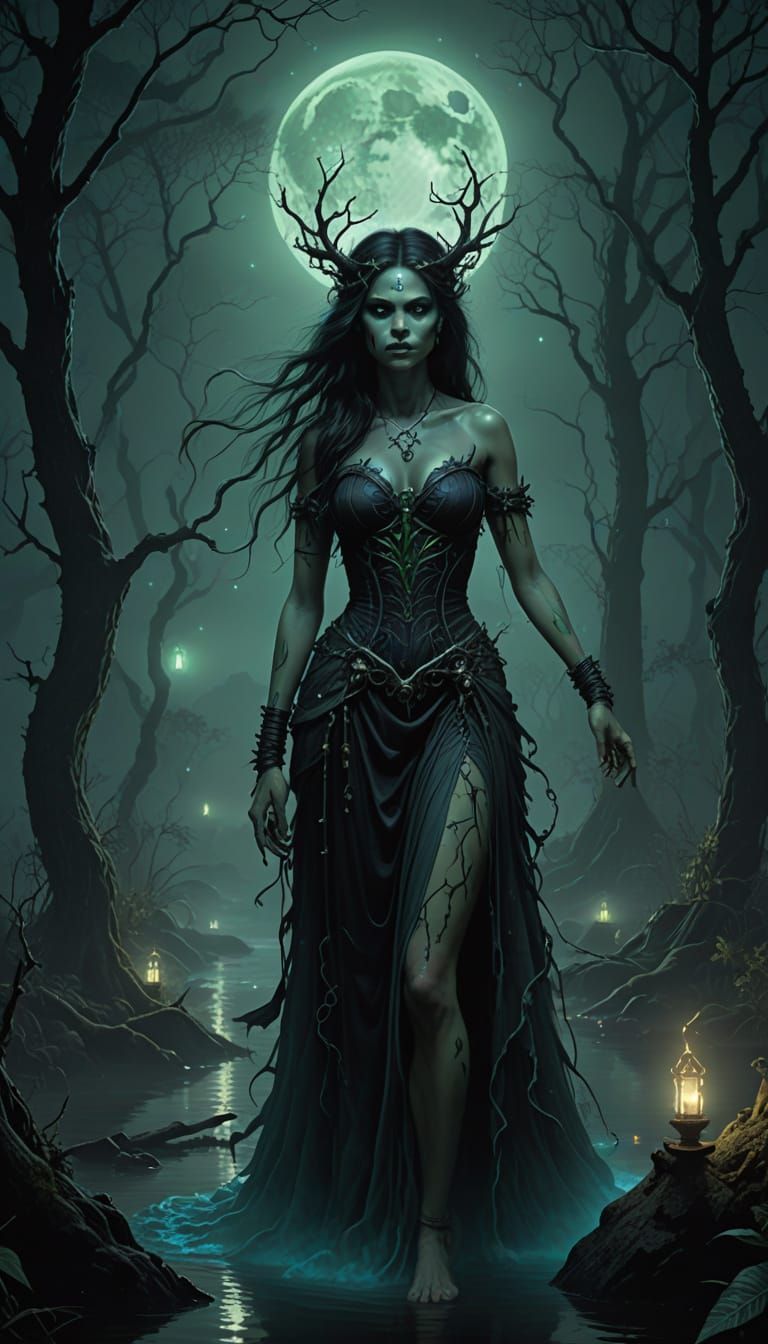 Enchantress in Moonlit Bayou, Photorealistic Film Still