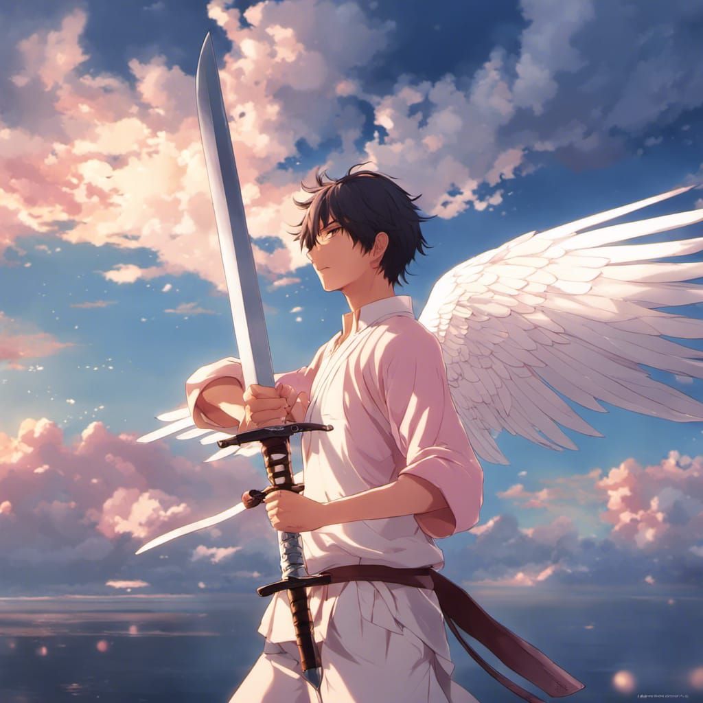 Anime Swordsman with Wings at Sunset, Makoto Shinkai Style