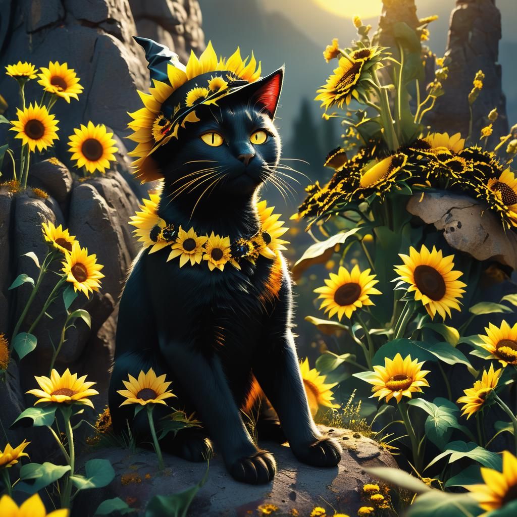 Black Cat in Sunflower Cap: Hyper-Realistic Fantasy Art