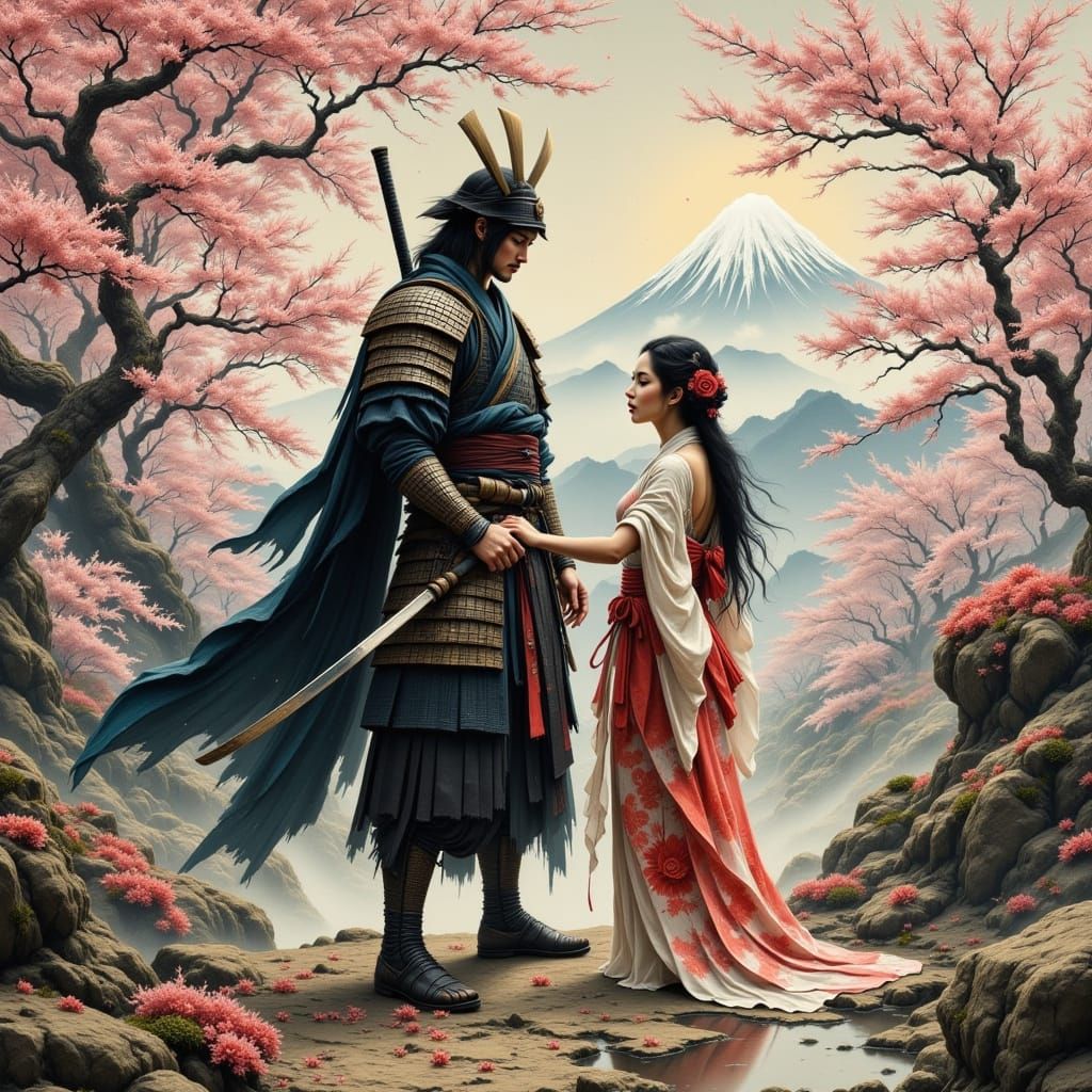 Samurai Over Maiden Amidst Cherry Blossoms and Mt. Fuji