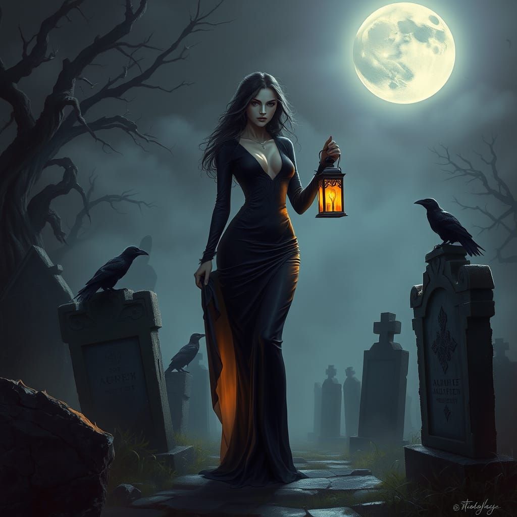 Woman with Lantern in Cemetery, Dark Fantasy Art