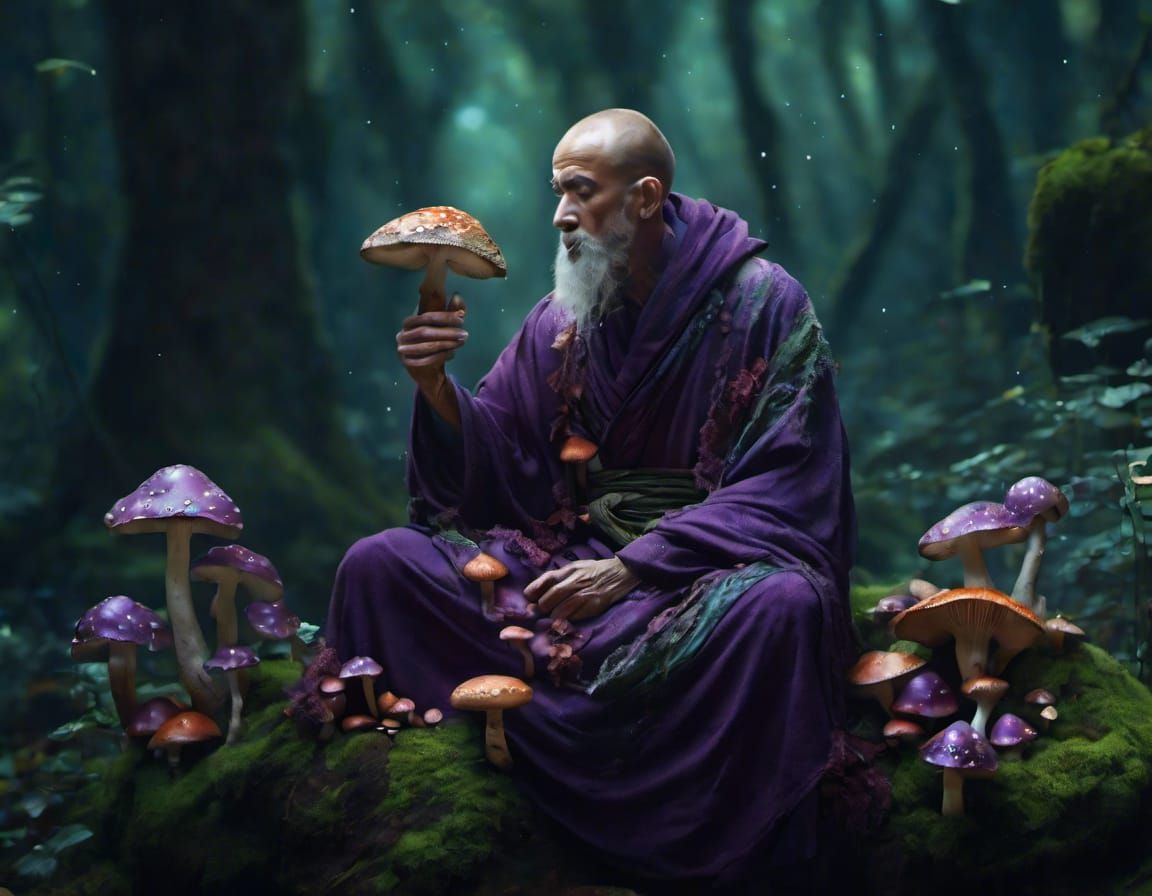 Monk in Nature with Mushrooms and Robes