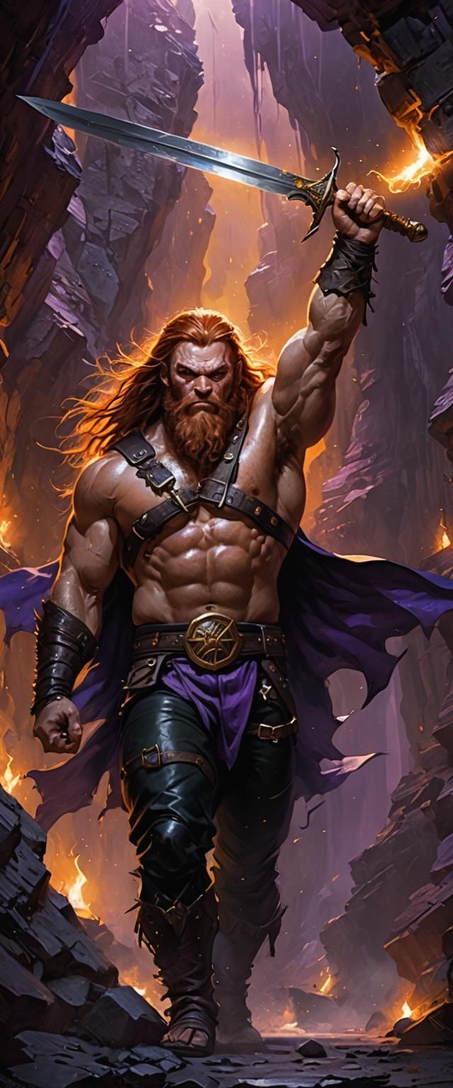 Muscular Dwarf in Purple Cavern: Dark Fantasy Art