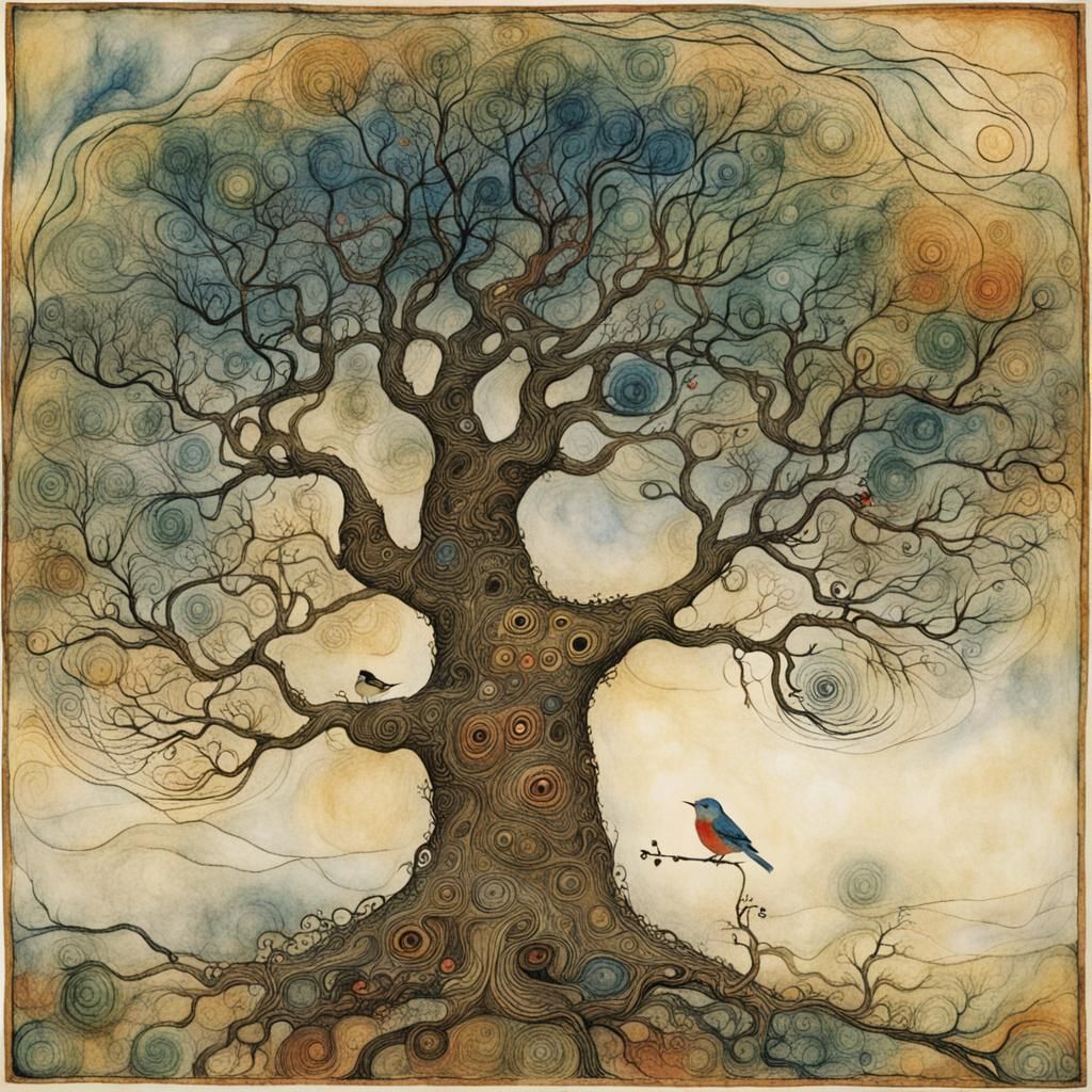 Bird Song in Ancient Tree: Illustrative Fairy Tale Art