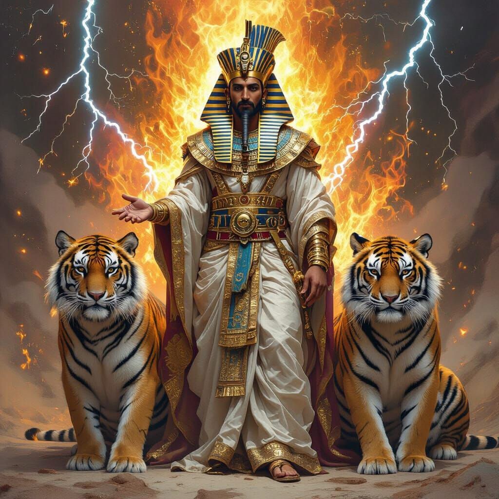 Pharaoh with Tigers in Fiery Aura, Rococo Style
