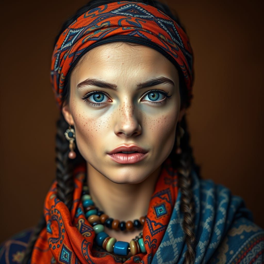Exotic Bohemian Goddess with Tribal Accents and Vibrant Scar...