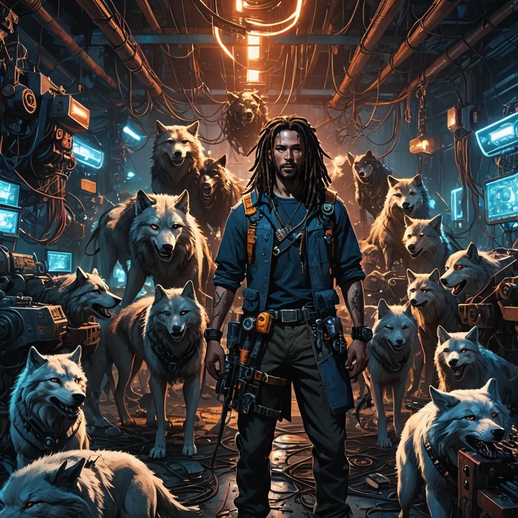 Neon-Lit Technician in Dark Fantasy Landscape