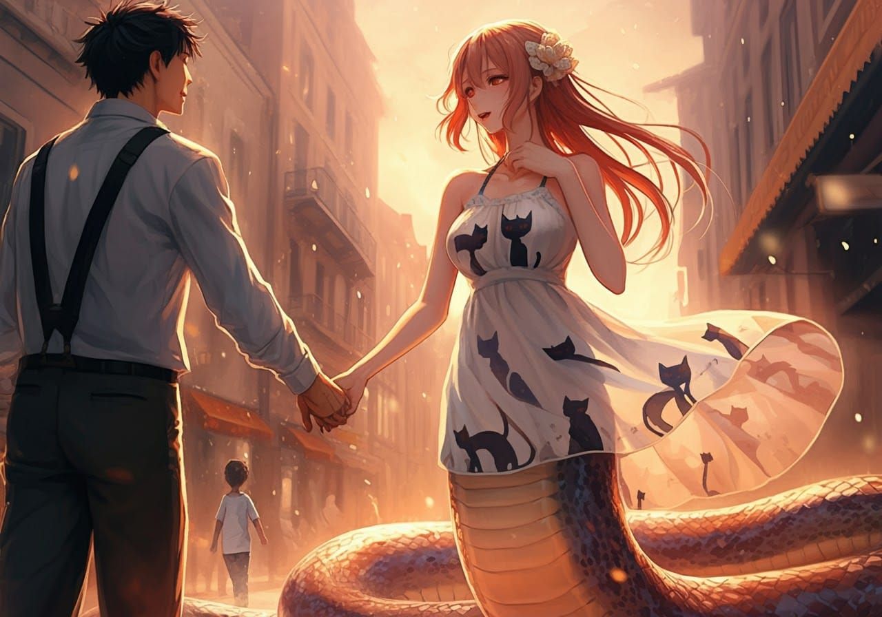 Anime Lamia Couple Walking, Cel Shading 3D Render