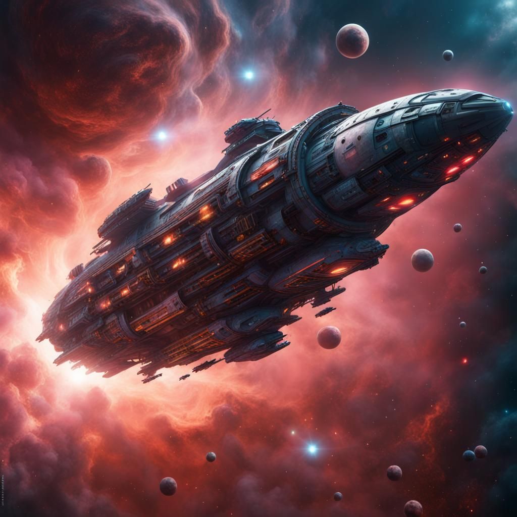 Spaceship Soaring Through a Fantastical Nebula