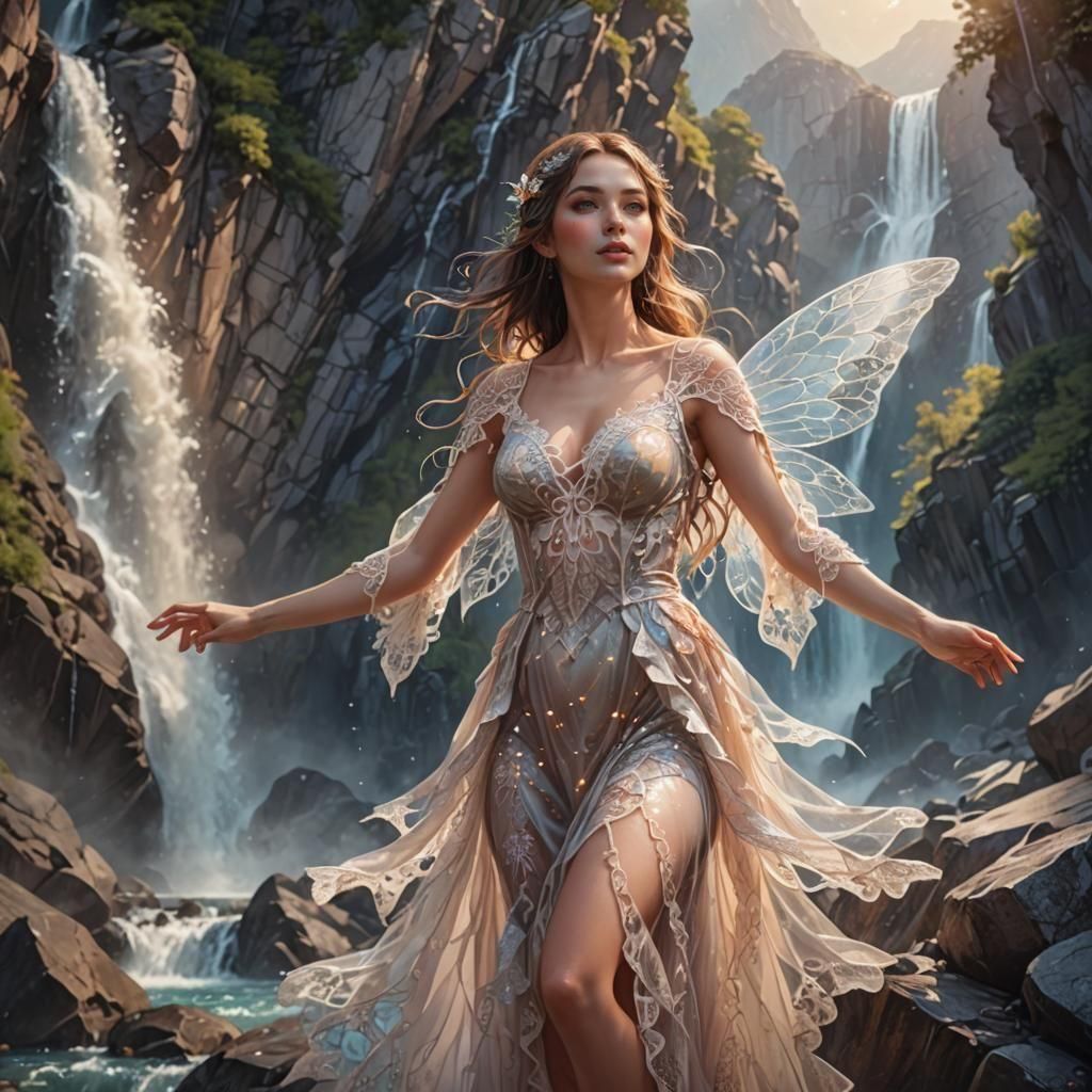 Lace-clad Fairy in Mountain Landscape