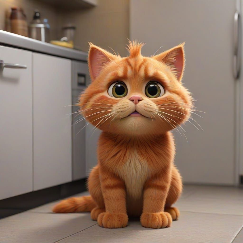 Fluffy Red Cat Peeking from Armchair in 3D Cartoon