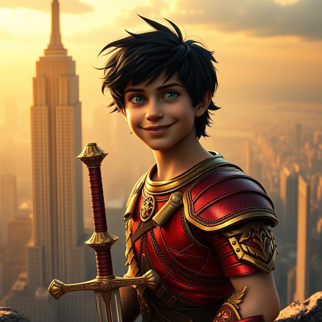 Percy Jackson in Red Greek Armor Against Empire State Buildi...