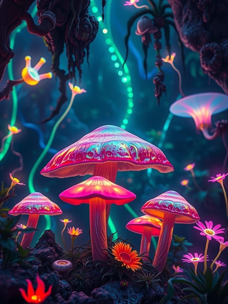 Iridescent Mushrooms In Alien Jungle With Bioluminescent Flo...