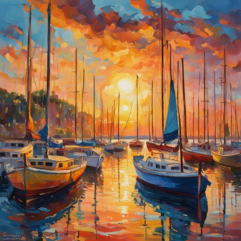 Expressionist Dreamscape Painting of a Sunset Harbor