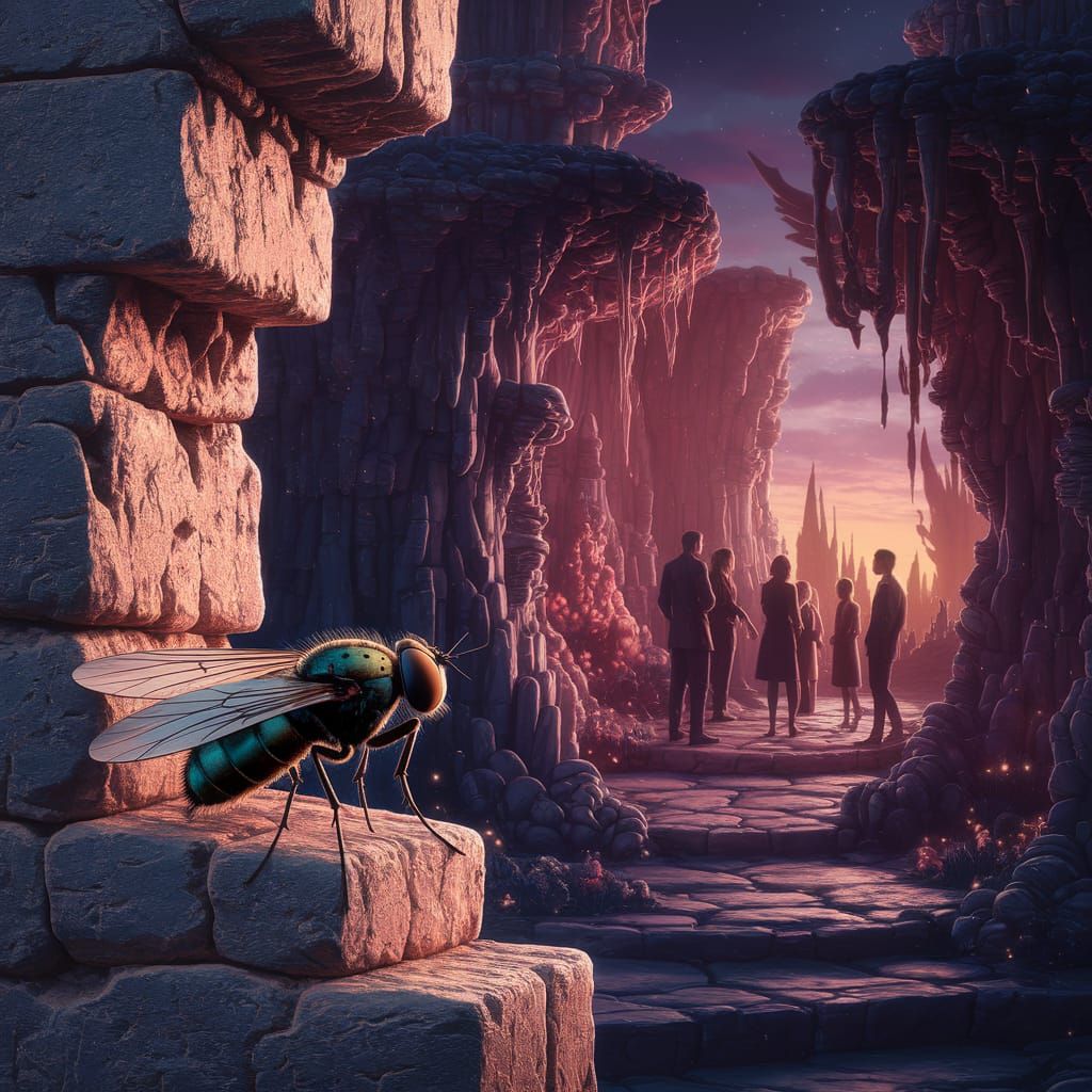 Fantasy Scene of Eavesdropping Fly on Weathered Stone Wall
