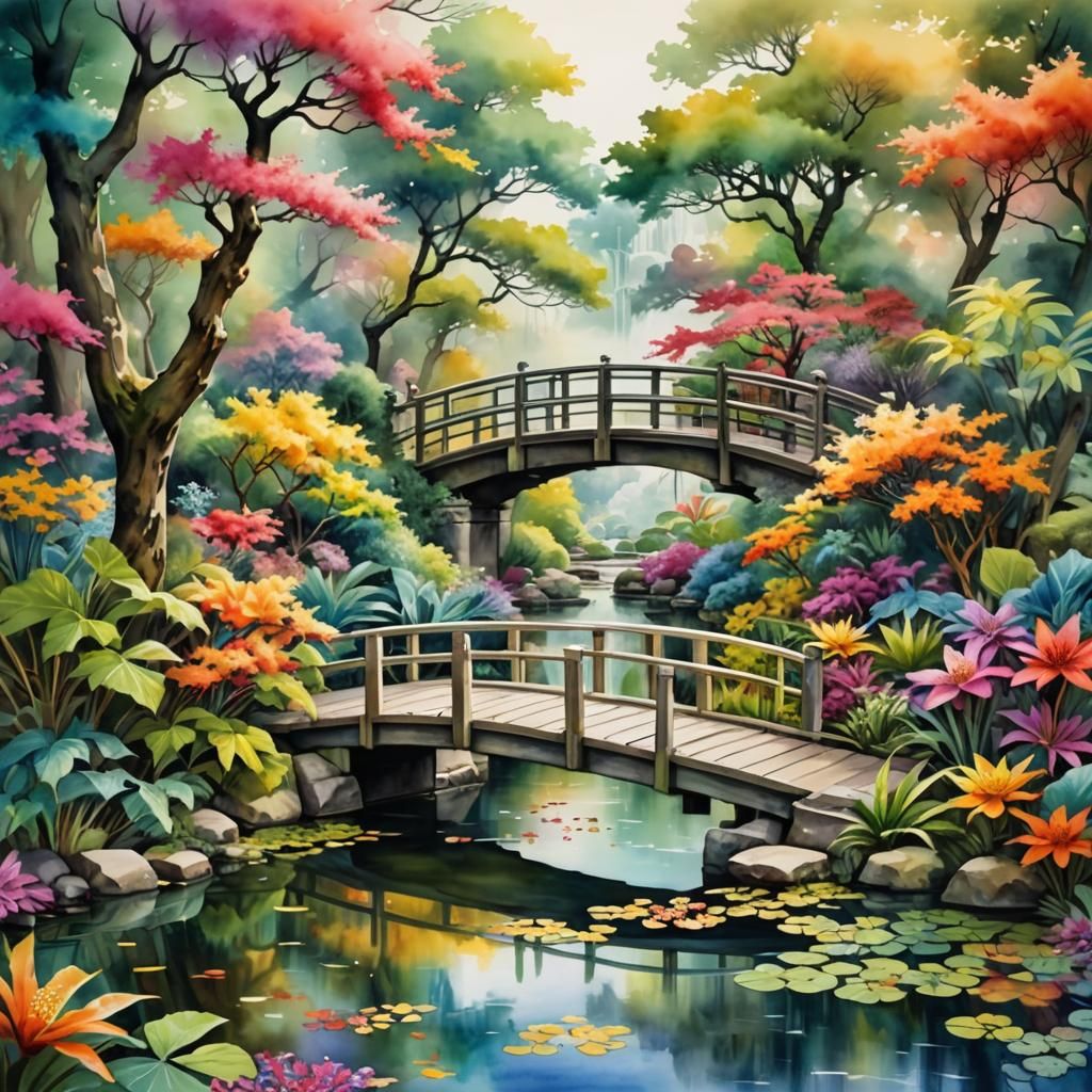 Fractal Exotic Elegance, colorful garden, pond, Japanese bri...