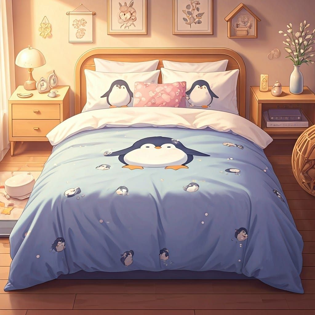 Charming Anime Bedroom with Penguin Bed Sheets