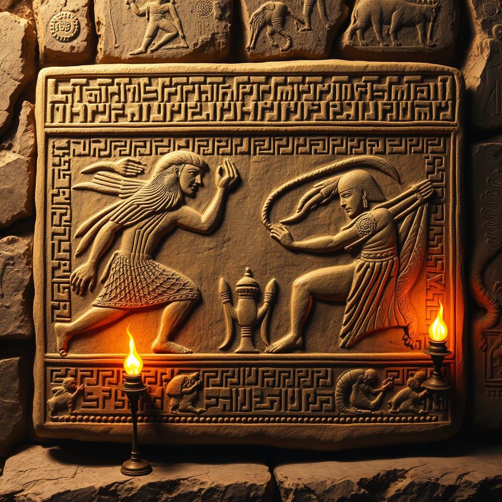 Sumerian Tablet: Gilgamesh Battles Humbaba in Sepia Fresco S...