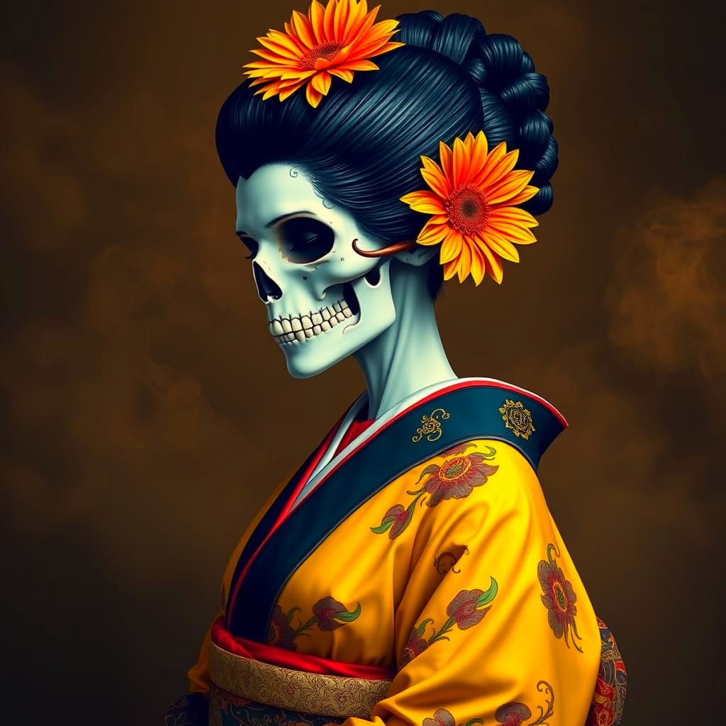 Vibrant Geisha in Dark Smoke
