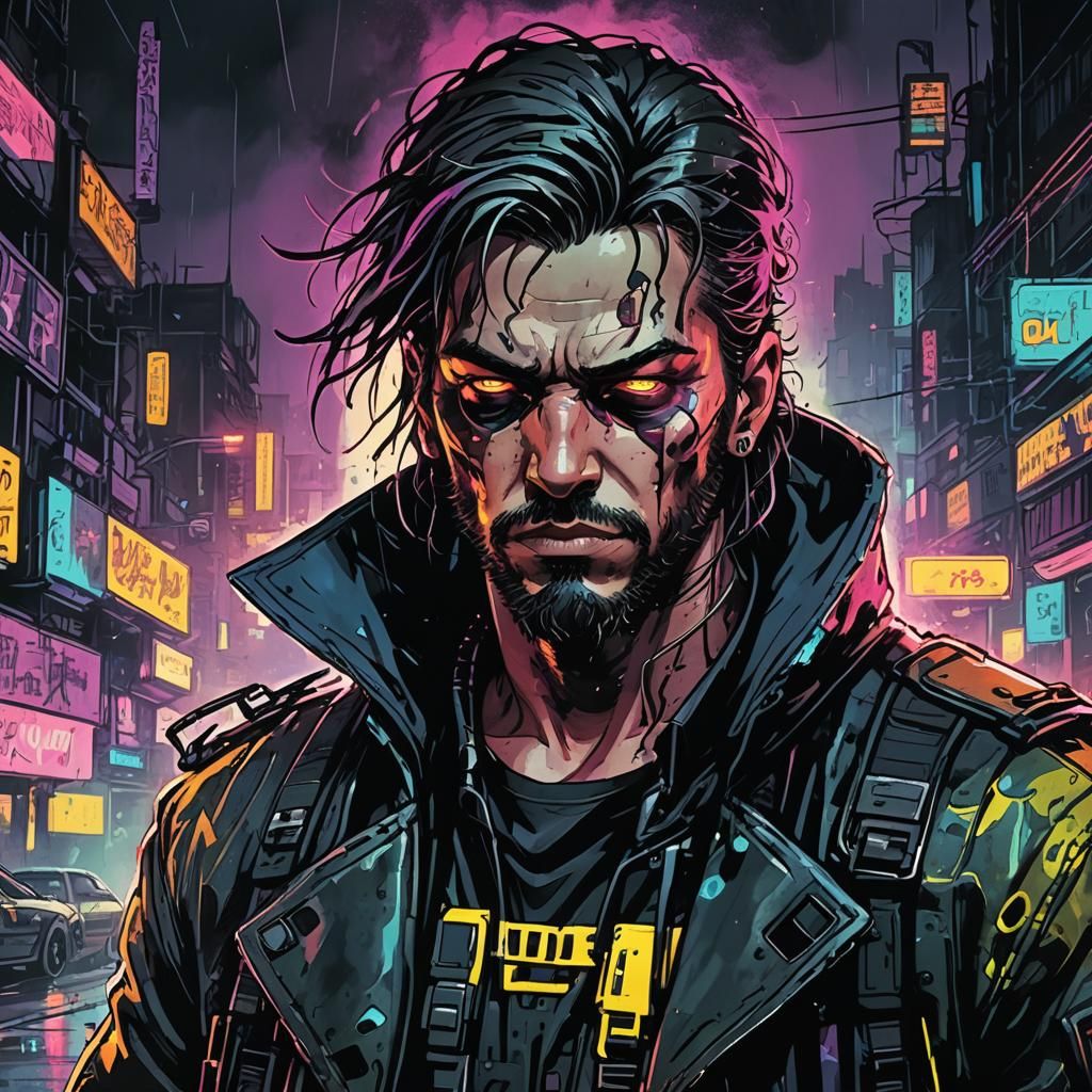 Cyberpunk Outlaw in Neon Cityscape Comic Art