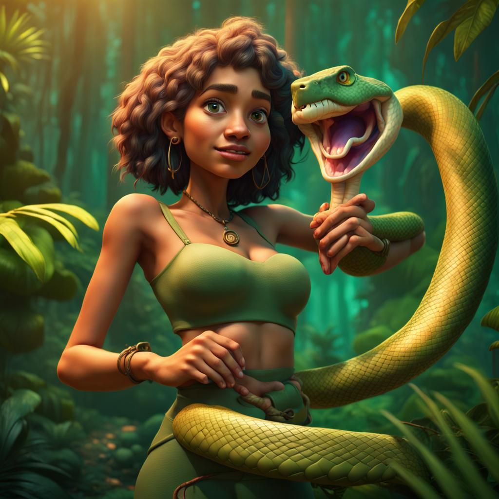 Jungle Girl Hypnotized by Snake, 3D Digital Art