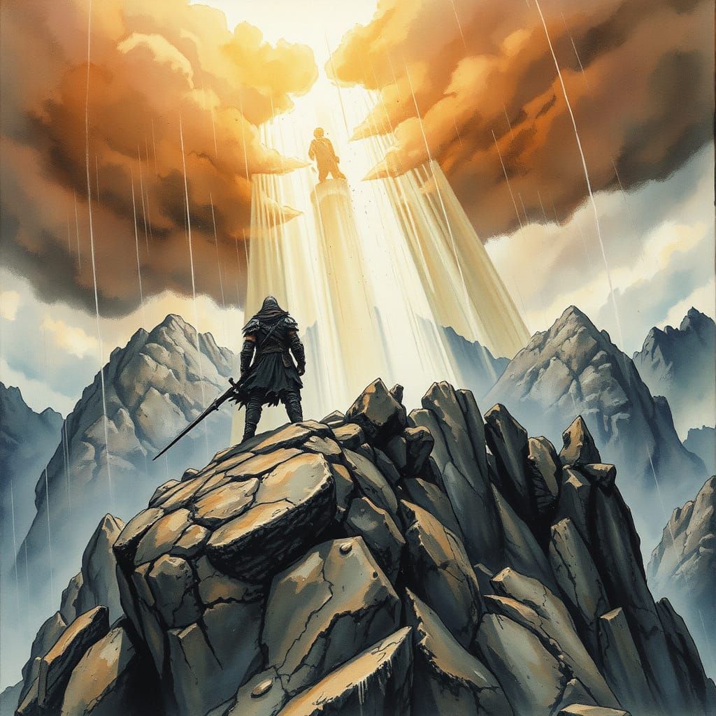 Fantasy Figure on Mountain in Watercolor Style