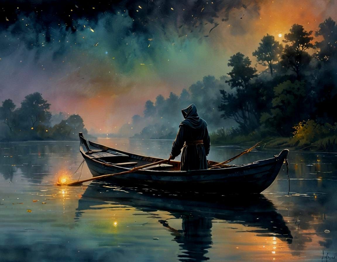 Grim Reaper on Misty Lake at Night