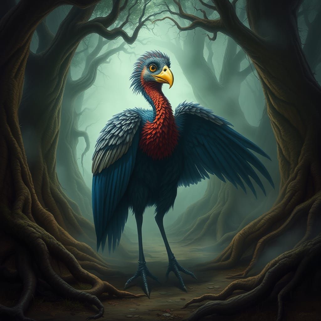 Mystical Flightless Bird in Ancient Forest