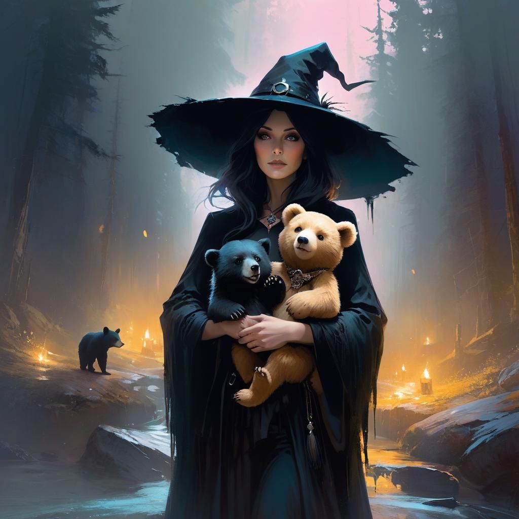 Enchanting Witch and Bear Cub Fantasy Art