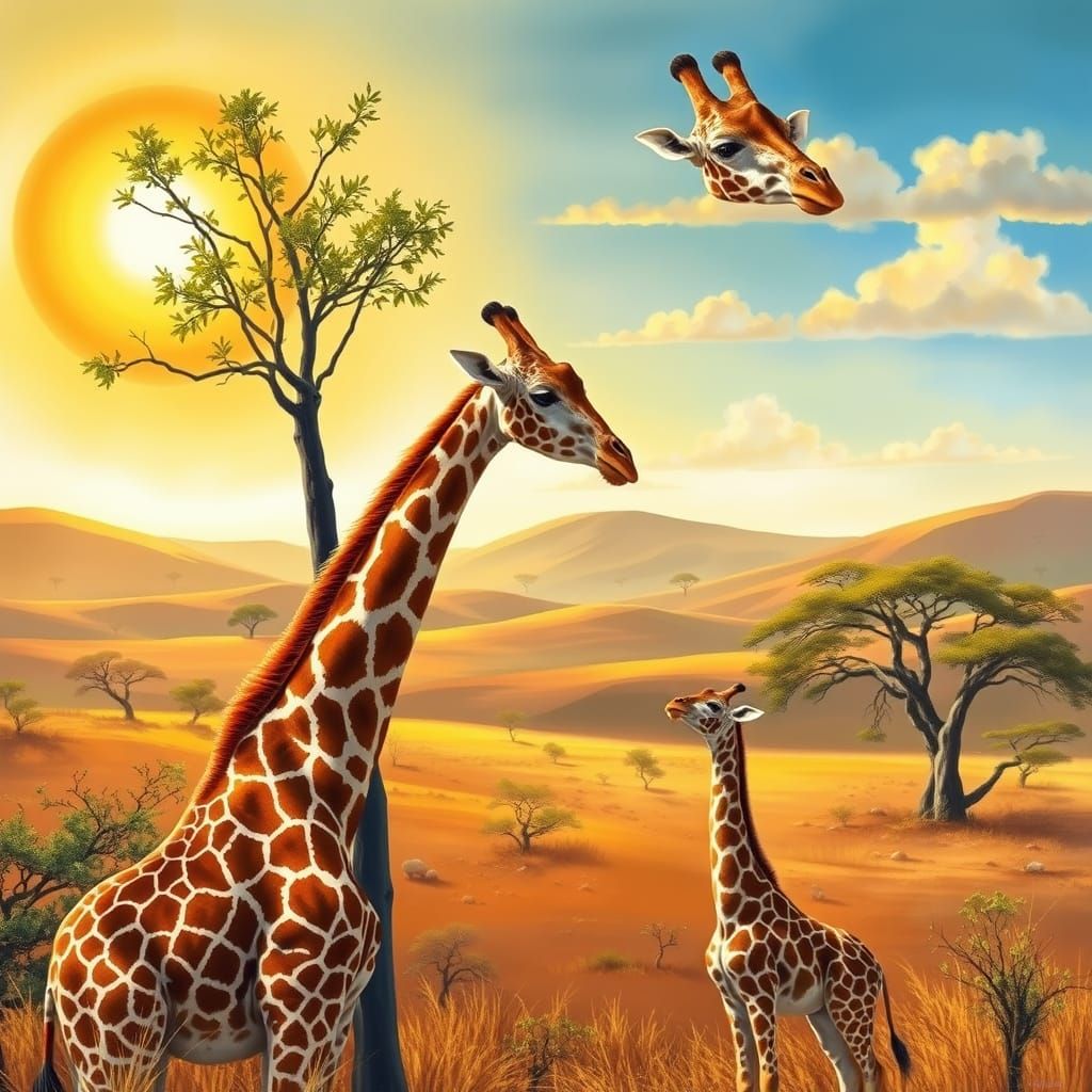 Giraffe Mother and Baby in African Savannah as Impasto Paint...