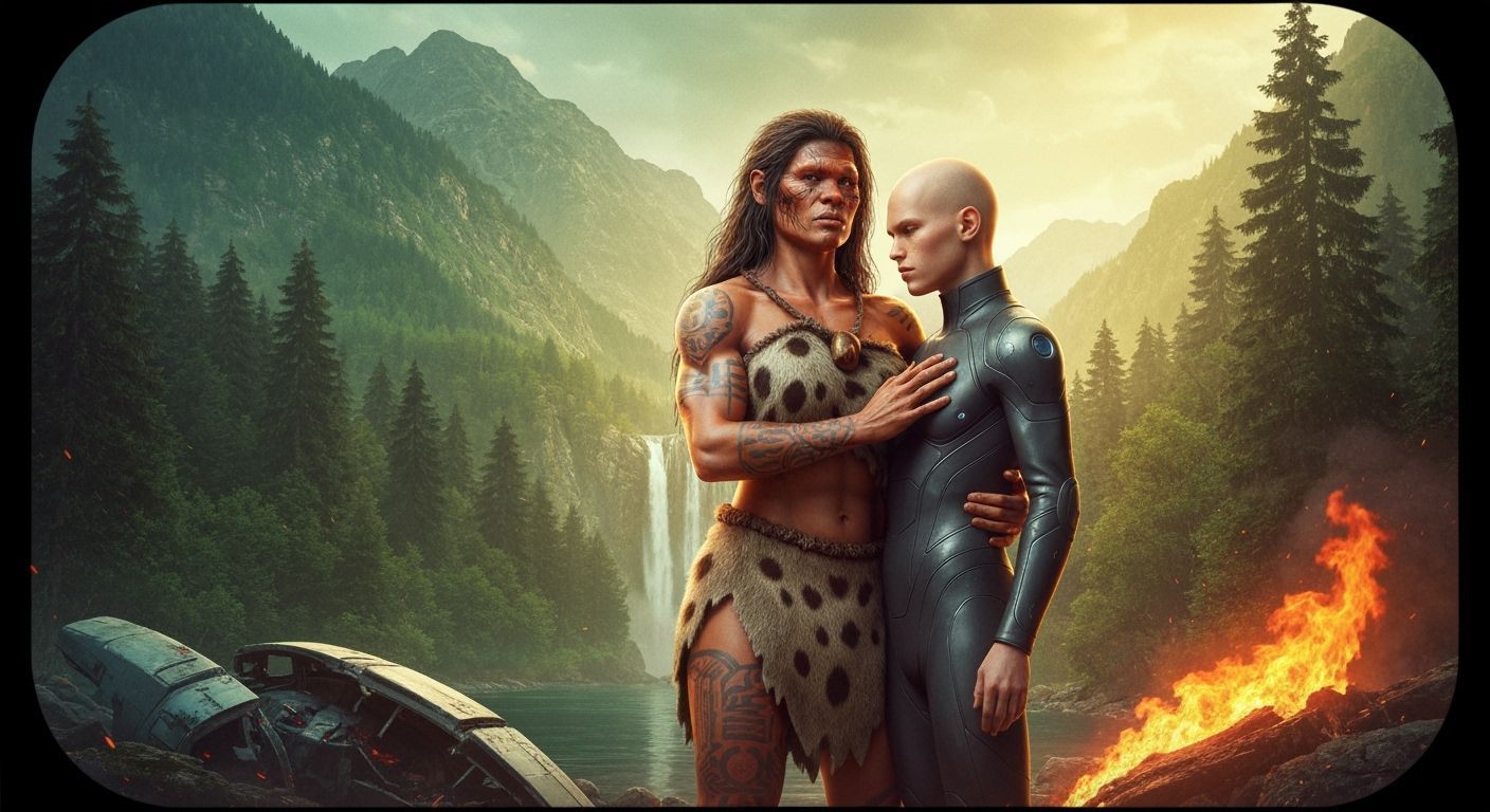 Cavewoman and Futuristic Youth in a Mountain Forest