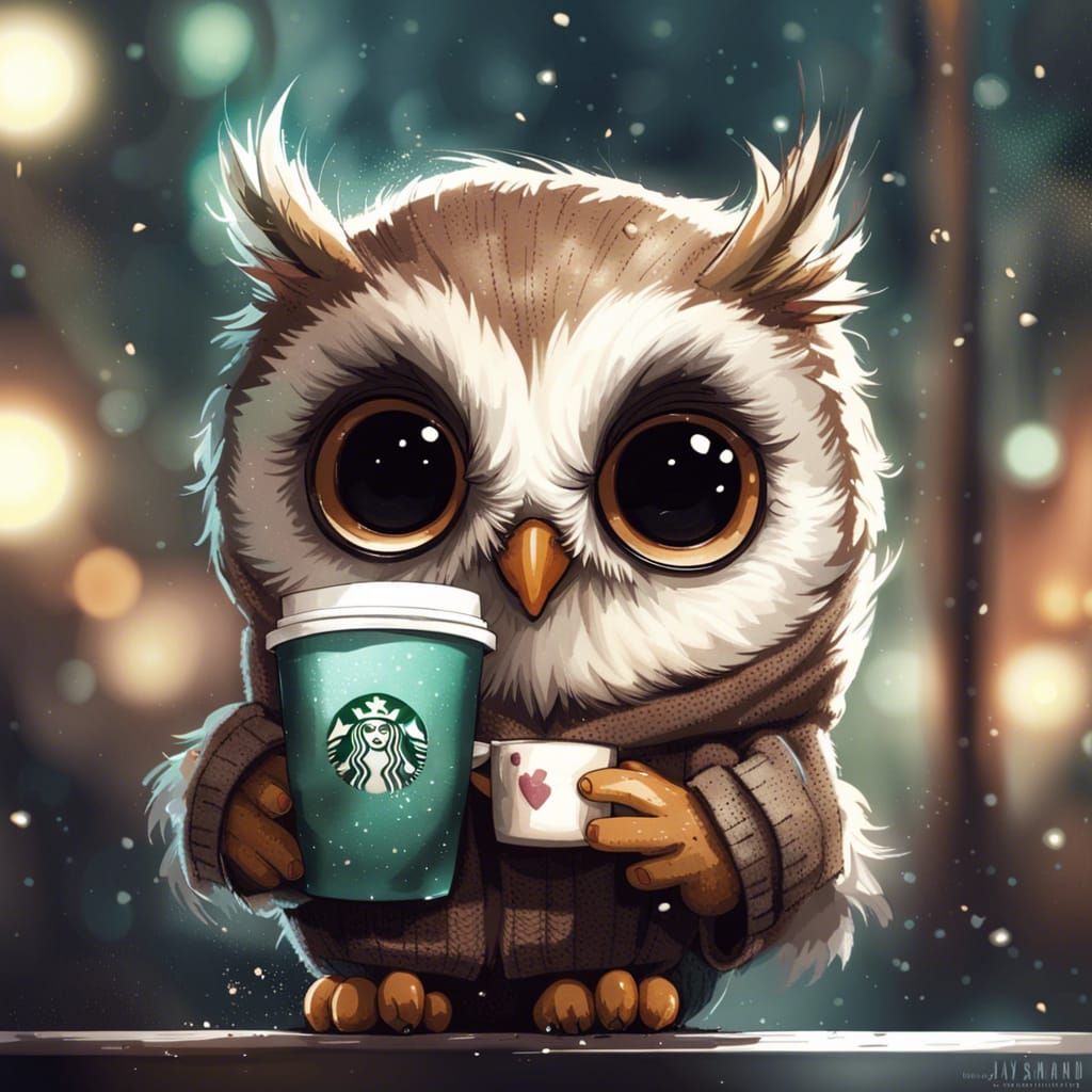 Portrait of an adorable chibi owl in a sweater holding a Starbucks coffee cup,