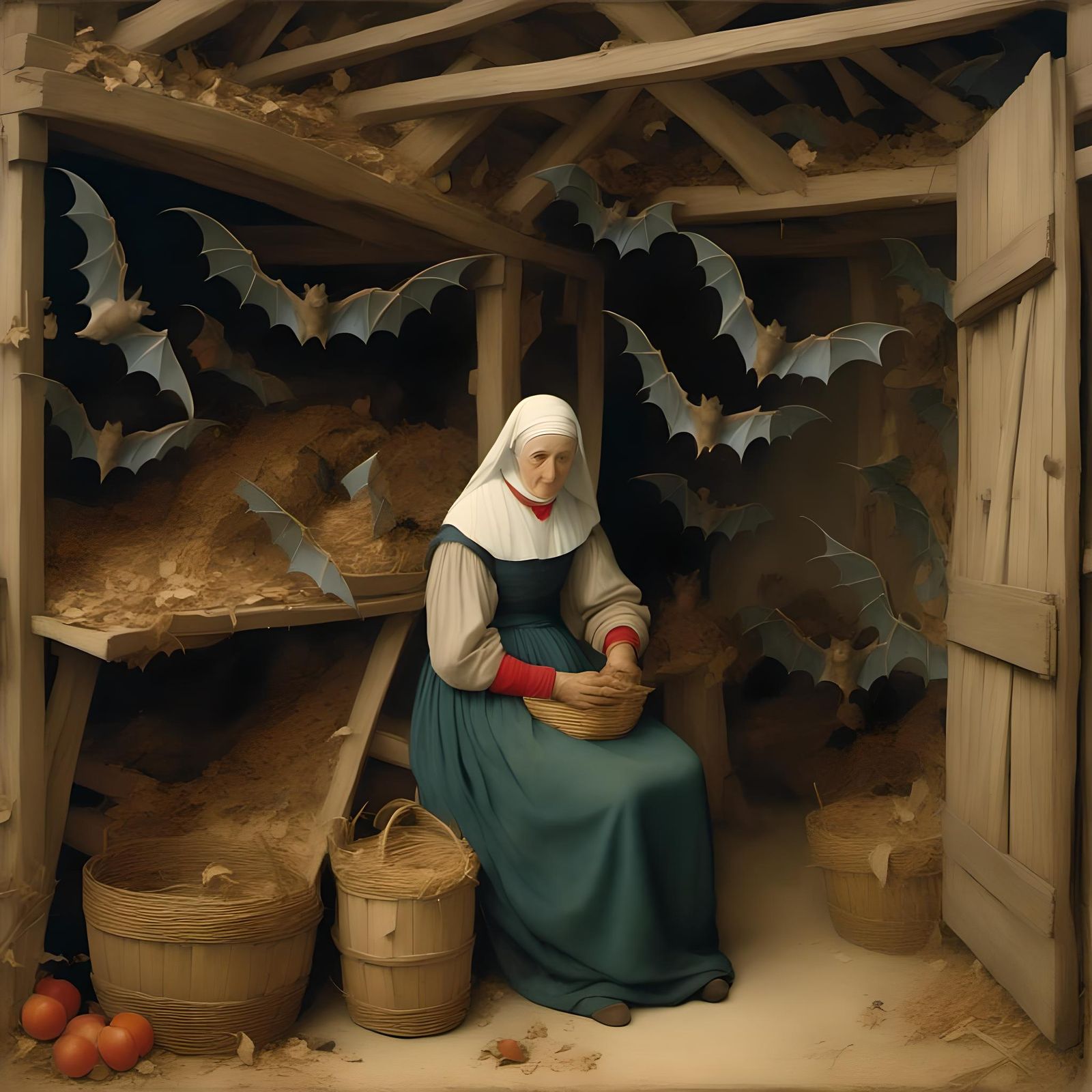 Medieval Woman in Barn with Bats