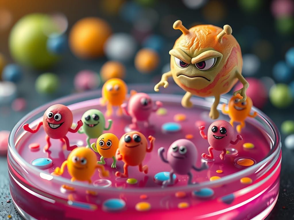 Cheerful Microbes Dancing in Petri Dish, Grumpy One Glaring