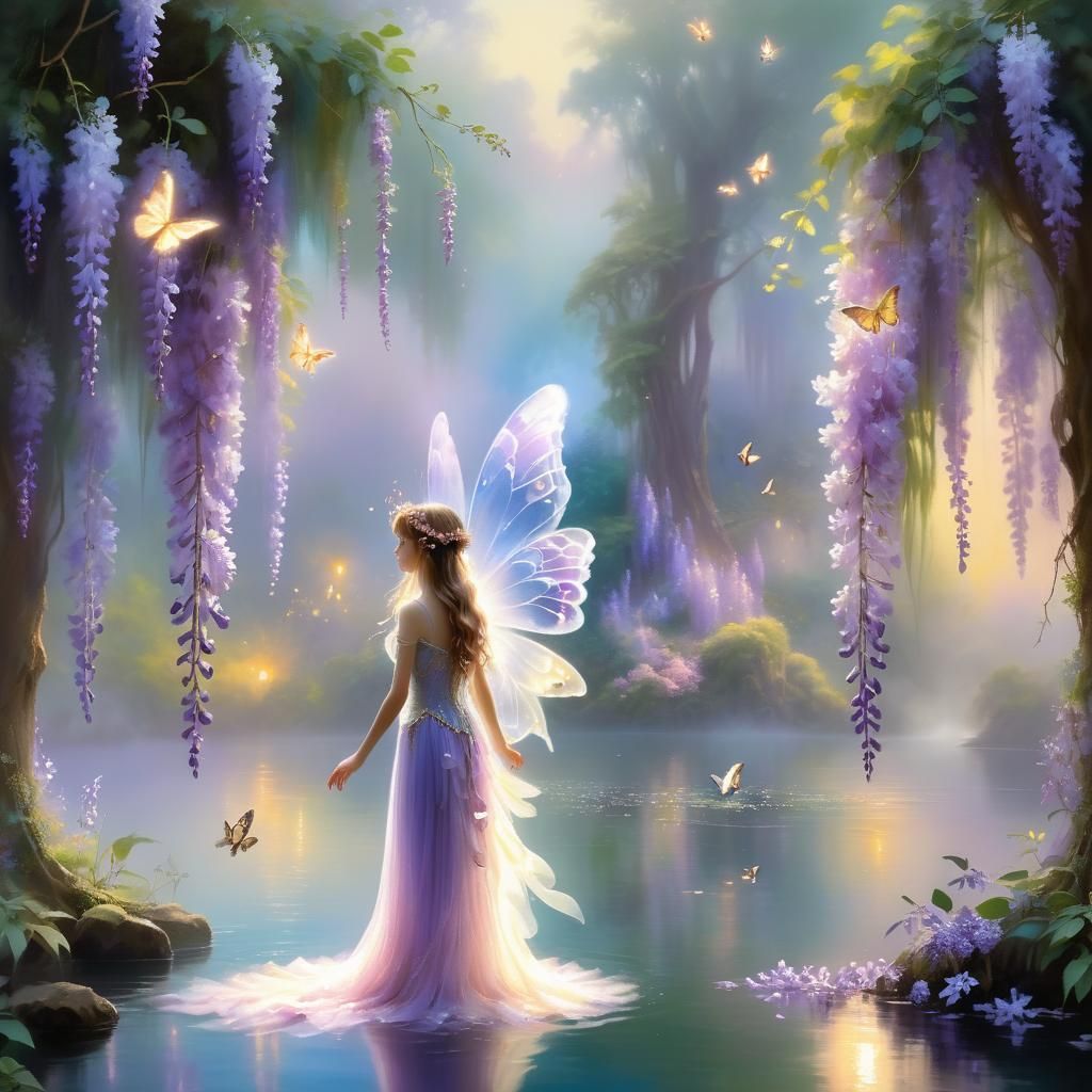 Wisteria Fairy in Enchanted Forest, Kinkade Style