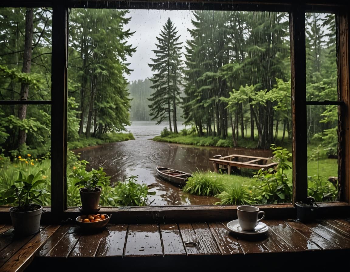 Rainy Evening at Lakeside Cabin: Cozy View