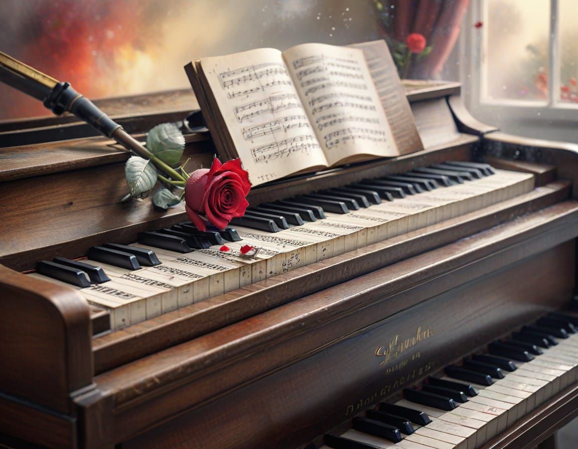 Ethereal Piano with Flute and Rose in Watercolor