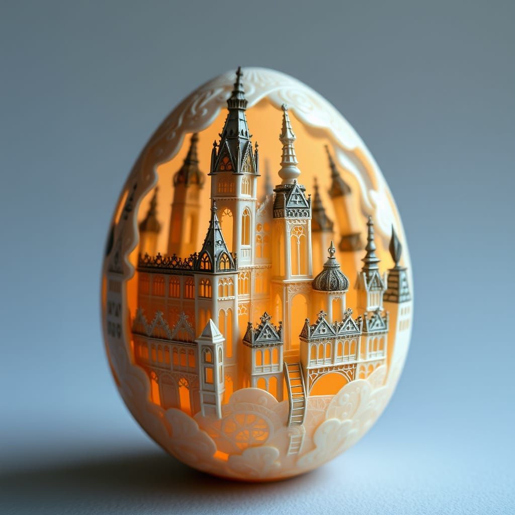 Victorian City Carved on Eggshell, Dreamlike Art