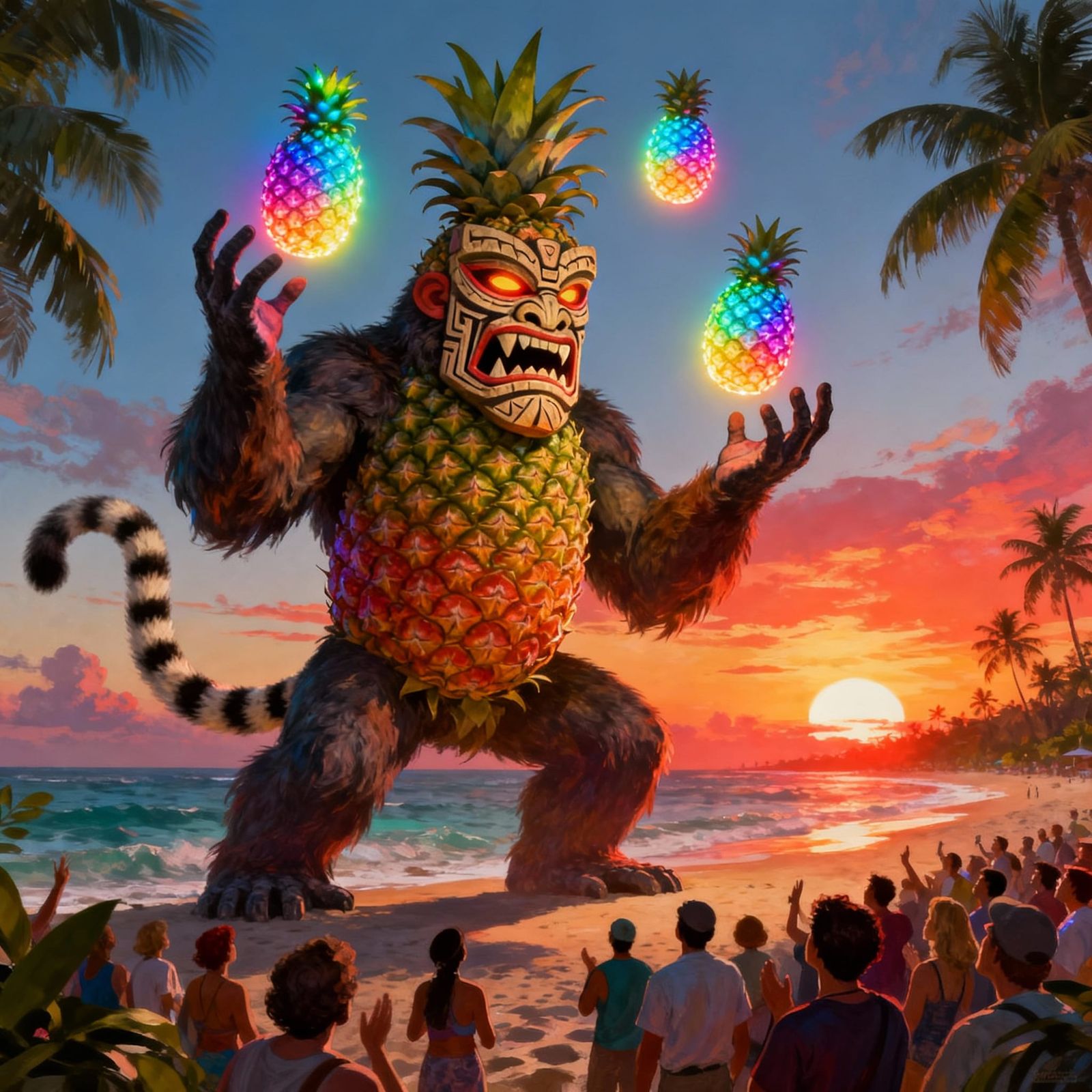 Colossal Pineapple Monster Juggles Rainbow Fruits on Beach