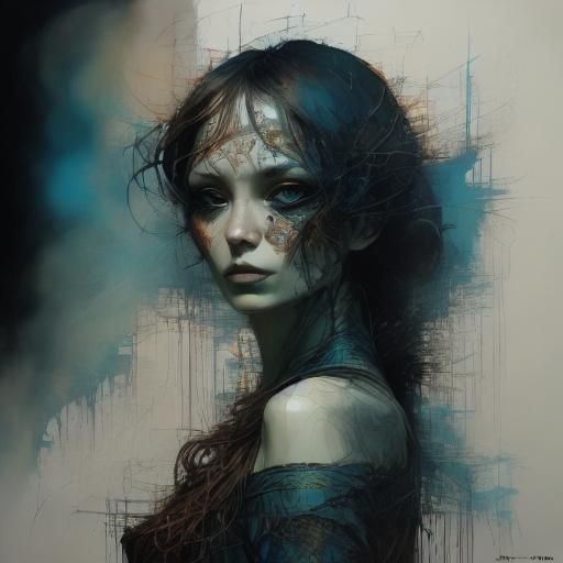 Golden Blue Girl in Inkblot Art Style