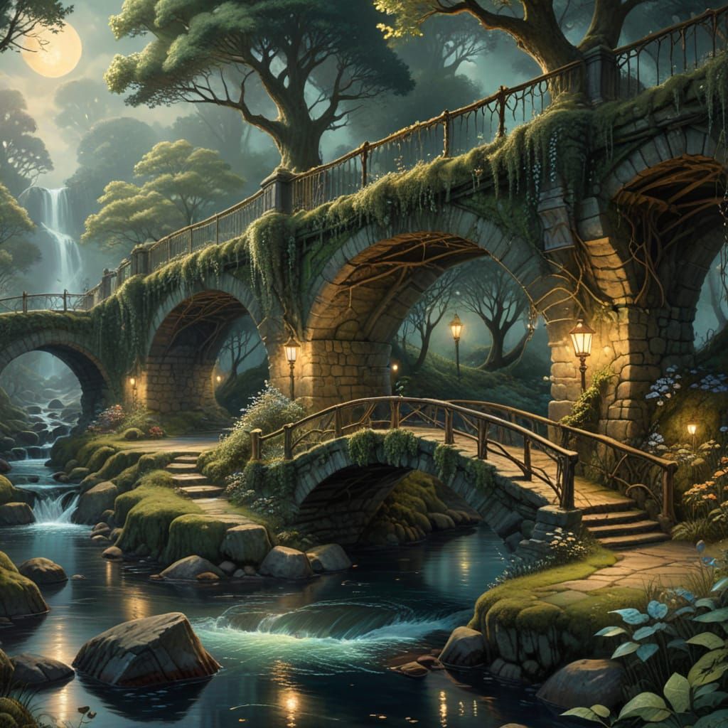Enchanted Stone Bridge in Whimsical Watercolor Style