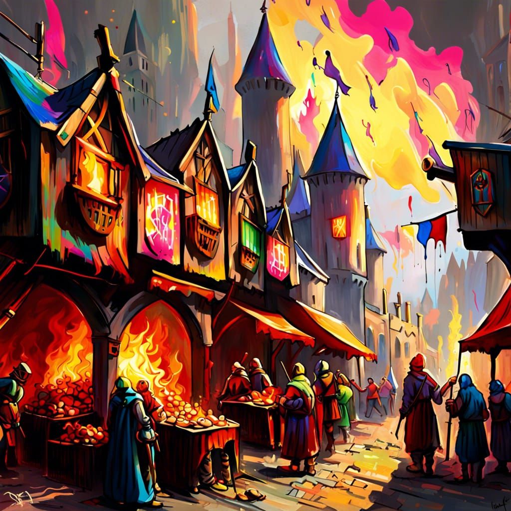 Medieval Castle Scene with Knights, Market, and Fires