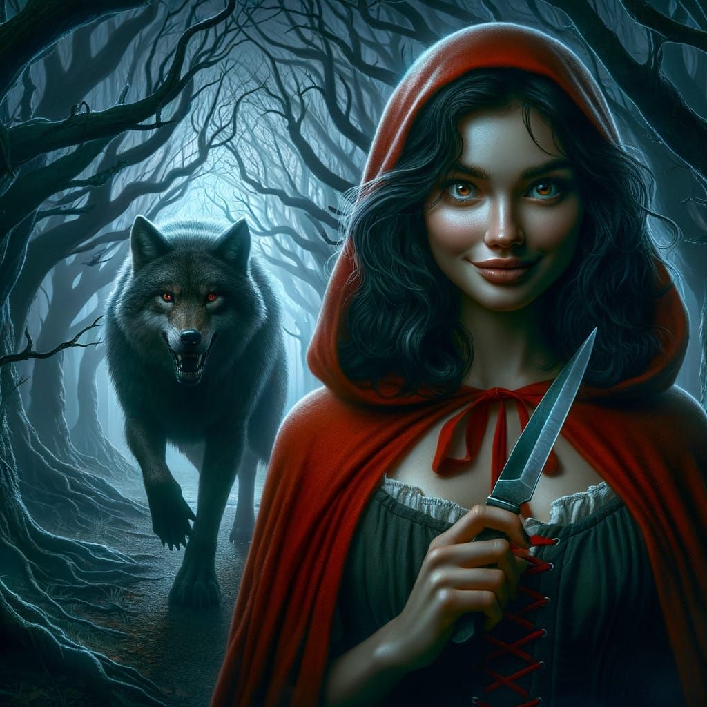 Red Cloak Girl Hides Knife From Stalking Wolf