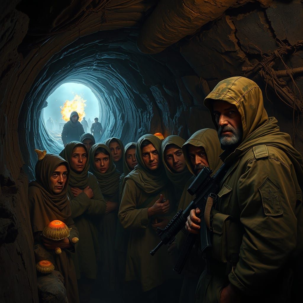 Frightened Civilians in Gaza Tunnel, Guarded by Militant in...