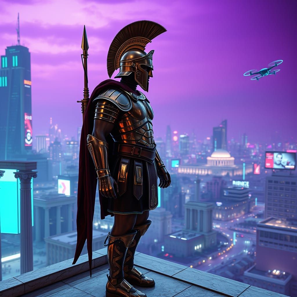 Cyberpunk Greek Hoplite Stands Guard in Futuristic Athens Ro...
