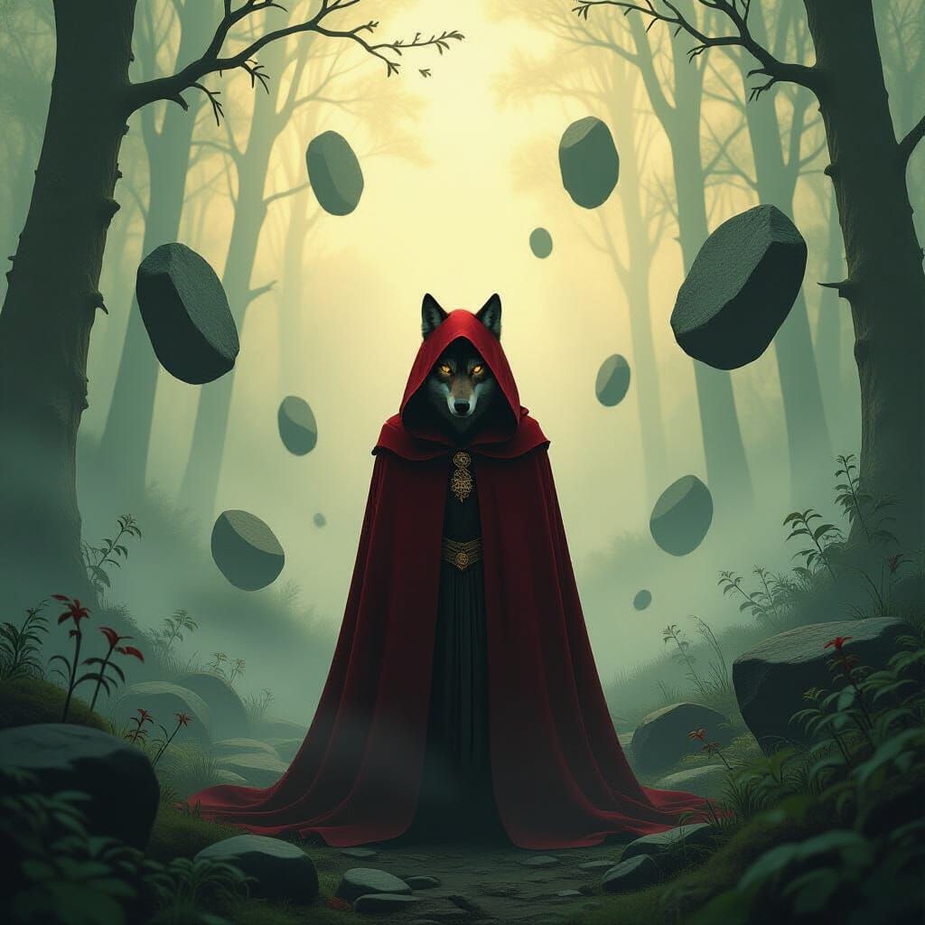 Mysterious Wolf in Crimson Cloak in Enchanted Forest