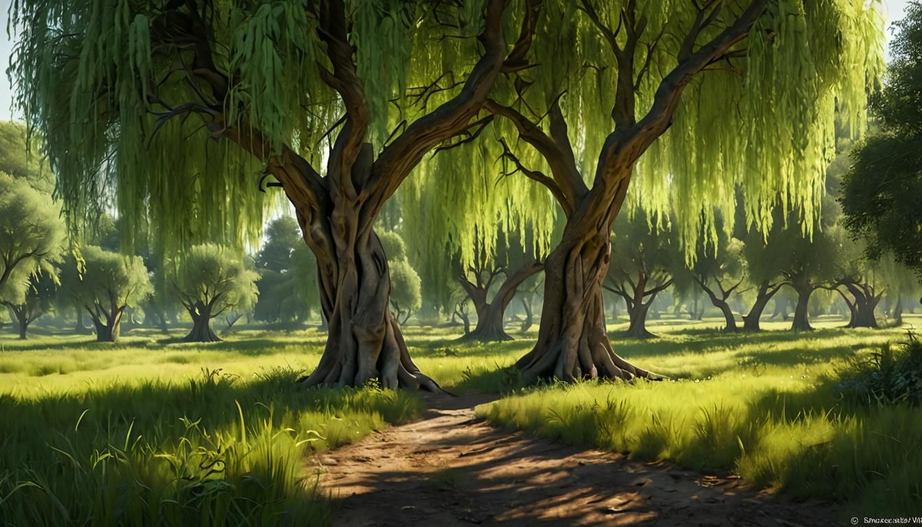 Weeping Willows in Summer Field: 3D Earth Art