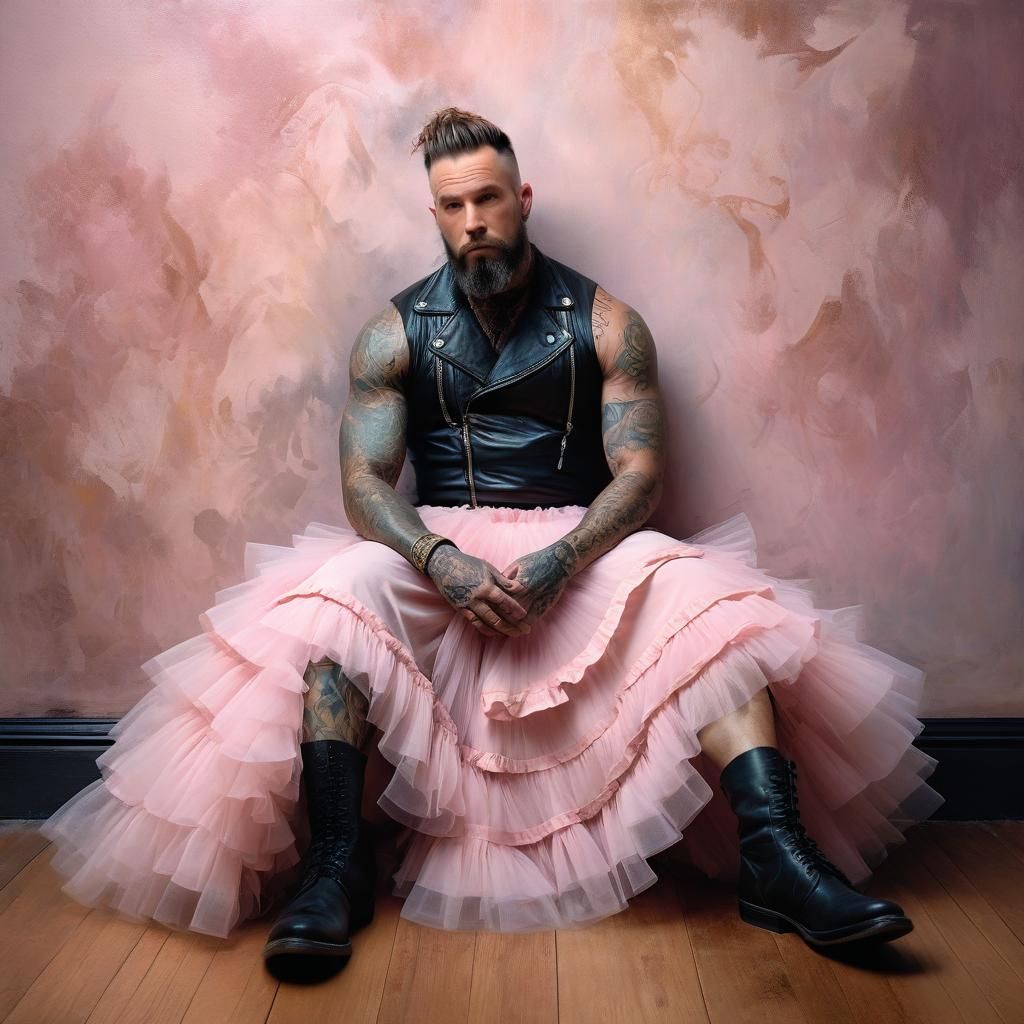 Tattooed Biker in Pink Tulle Skirt