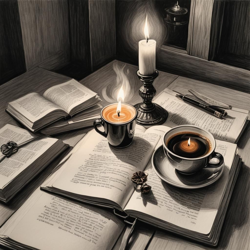 Hyperdetailed Charcoal Drawing of Coffee and Book